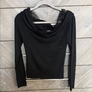 Women's Black Long-Sleeve Cowl Neck Top with Sheer Trim